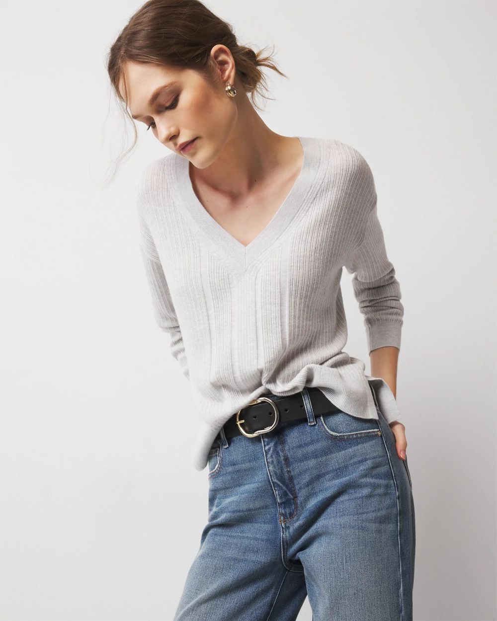 Relaxed Cashmere-Blend V-Neck Sweater | White House Black Market